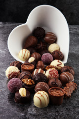 a lot of variety chocolate pralines, belgian confectionery gourm