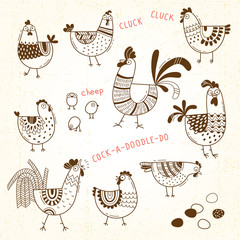 Vector images of chickens, hens, cocks, eggs in cartoon style, line art. Elements for design cover food package, advertising banner, card