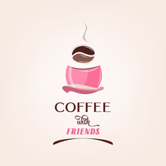 Mint cup of coffee with roast coffee bean vector. Coffee with friends sign.
