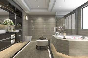 Plakat 3d rendering modern classic bathroom with luxury tile decor with nice view from window