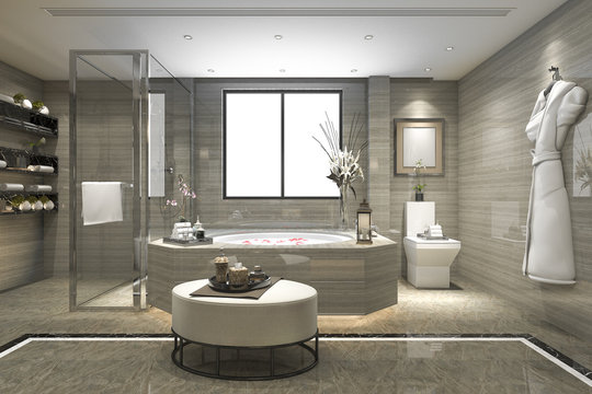 3d rendering modern classic bathroom with luxury tile decor with nice view from window