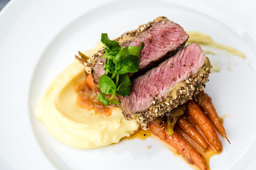 grilled tuna with baby carrot and mashpotato