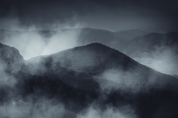 dark foggy mountain landscape