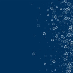 Soap bubbles. Scatter right gradient with soap bubbles on deep blue background. Vector illustration.