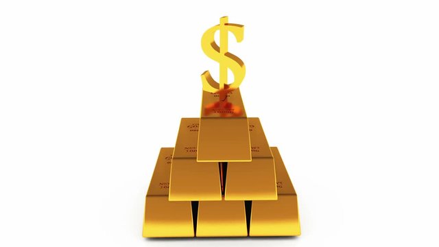 4k A pile of gold bullion & rotate dollar symbol,treasury wealth Ingot luxury finance goods trading,3D animation of stacked gold bars.