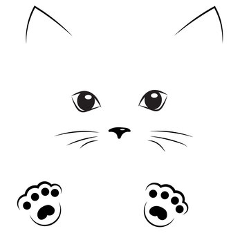 vector black outline drawing cat face with paws