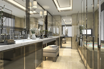 Fototapeta premium 3d rendering nowoczesna klasyczna łazienka z luksusowym wystrojem płytek z ładnym widokiem z okna