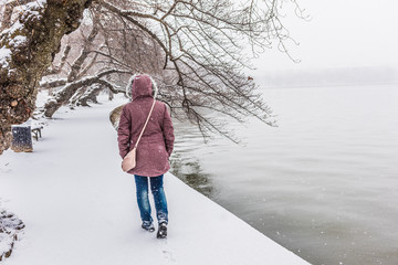 Young woman in winter coat walking along Tidal basin path during snow storm in Washington DC