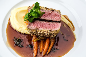 grilled tuna with baby carrot and mashpotato