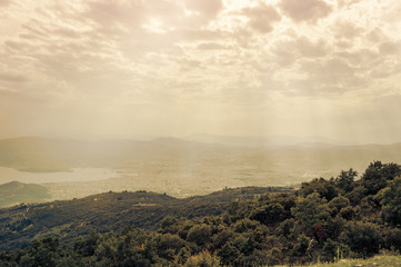 Panorama of the Greek city of Volos at sunset. Volos Greece. View from the mountain on the Volos