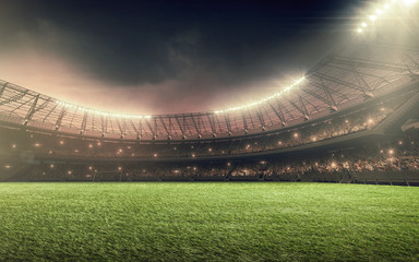soccer stadium at night with illumination lights and dramatic sky - obrazy, fototapety, plakaty