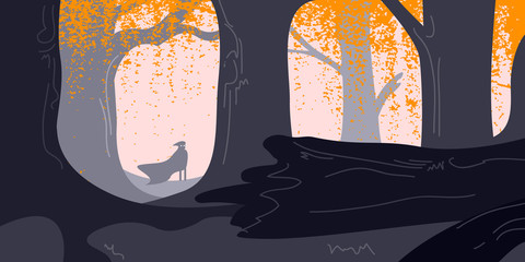 mysterious figure with cape in dark forest, fantasy vector landscape