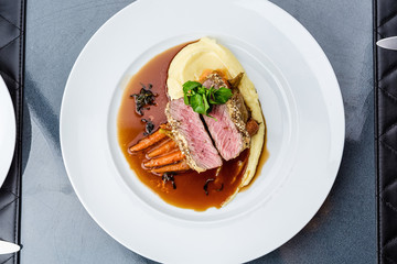 grilled tuna with baby carrot and mashpotato