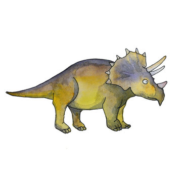 Stylized triceratops dinosaur living at the end of the Cretaceous period, isolated on white background. Fossil animals and reptiles in cartoon watercolor style.