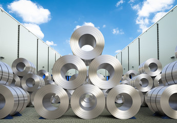 rolls of steel sheet in warehouse