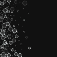 Random soap bubbles. Scatter left gradient with random soap bubbles on black background. Vector illustration.