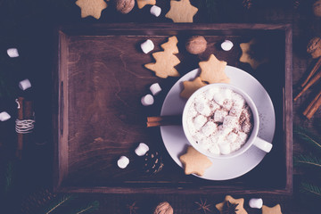 Christmas food background. Tray with cocoa and cookies, decorated with cinnamon and marshmallow