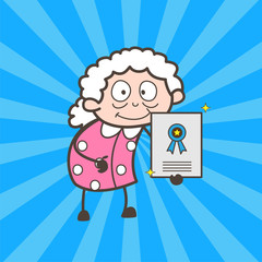 Cartoon Granny Showing a Award Certificate Vector Illustration