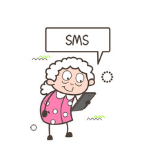 Cartoon Granny Reading a Message Vector Illustration