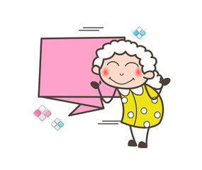 Cartoon Blushing Granny with Banner Vector Illustration