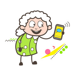 Cartoon Granny Showing a Message in Mobile Vector Illustration