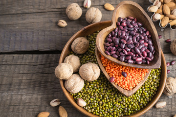 Sources of vegetable protein. collection of various legumes and nuts.