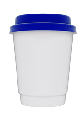 3D illustration of a mockup cardboard cup of coffee or tea to takeaway with blue plastic cap. With shadow on white background