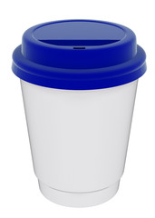 3D illustration of a mockup cardboard cup of coffee or tea to takeaway with blue plastic cap. With shadow on white background