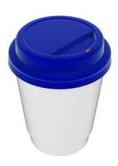 3D illustration of a mockup cardboard cup of coffee or tea to takeaway with blue plastic cap. With shadow on white background