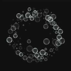 Random soap bubbles. Circle frame with random soap bubbles on black background. Vector illustration.