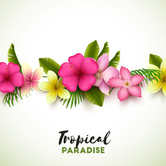 Colorful background with tropical flowers and palm leaves. Vector illustration.