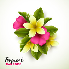 Colorful background with tropical flowers and palm leaves. Vector illustration.