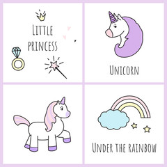 Set of postcards with cute unicorns