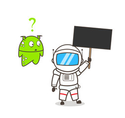 Cartoon Astronaut Holding a Placard with Alien Vector Illustration