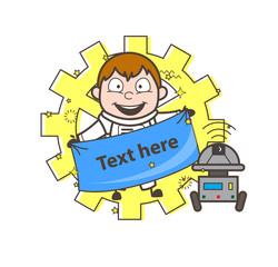 Cartoon Astronaut Holding Pennant Banner with Robot Vector Illustration