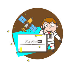 Cartoon Astronaut with Satellite and Banner Vector Illustration