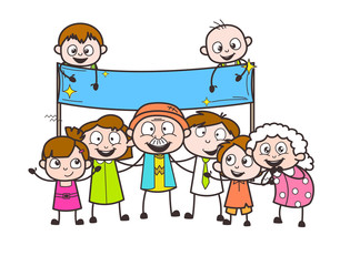 Cartoon Grandpa and Grandma with Grand Children and Banner Vector Illustration