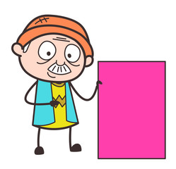 Cartoon Grandpa Showing a Blank Pink Banner Vector Illustration