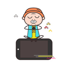 Cartoon Grandpa Doing Meditation Over the Phone Vector Illustration