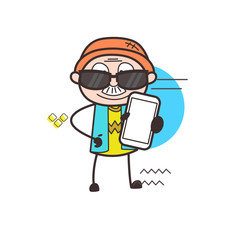 Fashionable Cartoon Grandpa Showing a Smartphone Vector Illustration