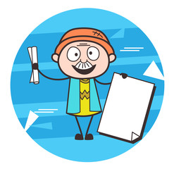 Happy Cartoon Grandpa Holding a Document and Banner Vector Illustration