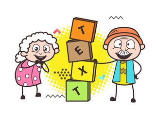 Cartoon Grandpa and Grandma with Blocks Banner Vector Illustration