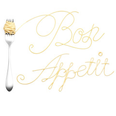 Pasta / Creative still life photo of a fork with a sign made of pasta isolated on white background. 