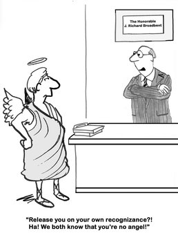 Legal cartoon about a lawyer telling the angel that 'we both know that you're no angel'.