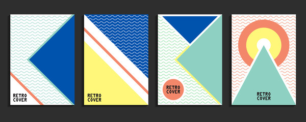 Placards with abstract liquid , 80s design elements. Retro art for covers, banners, flyers and posters. Esp10 vector illustration.