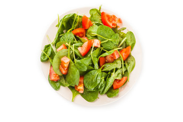 Salad with tomato, cucumber and spinach on the plate isolated on white background