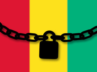 Guinea security. Silhouette of a chain and padlock over national flag