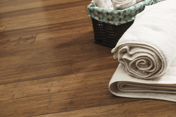 white towels on wooden background