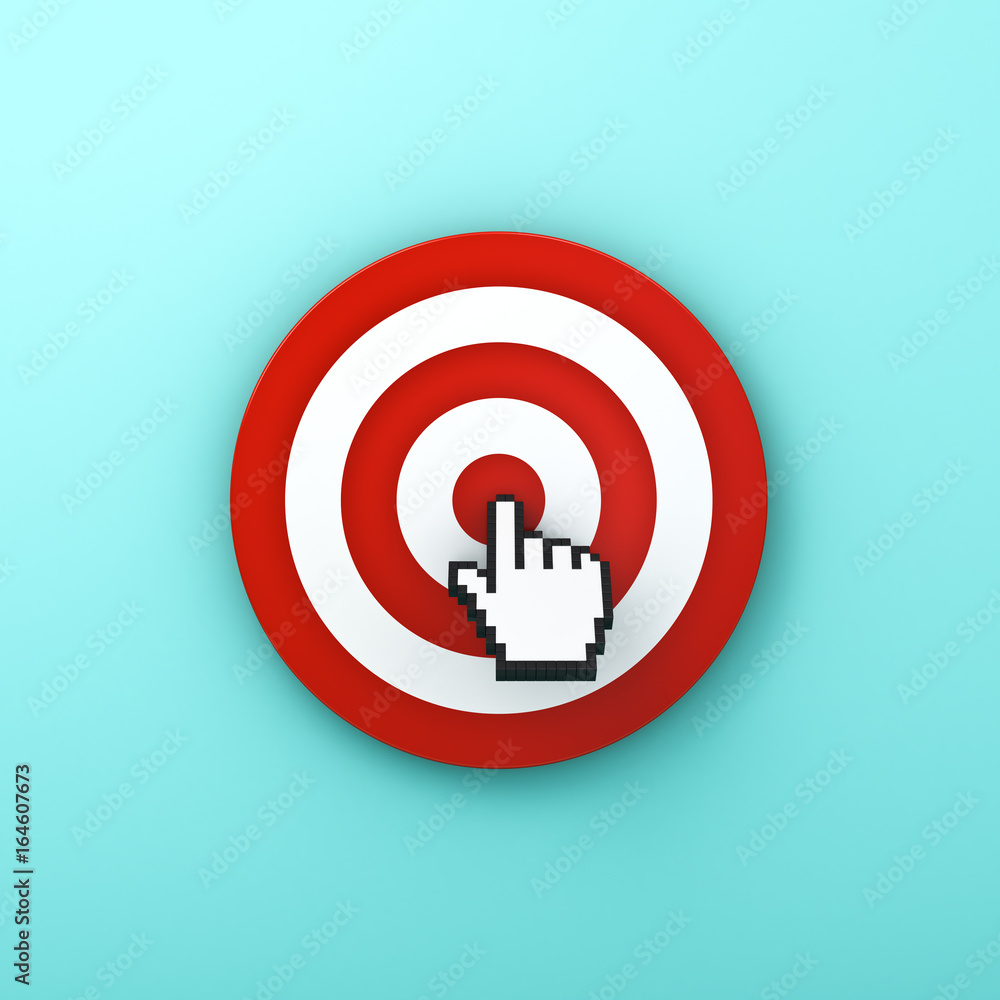 Fototapete Hand cursor clicking in the center of the red dart board or target isolated on green pastel color background with shadow . 3D rendering.