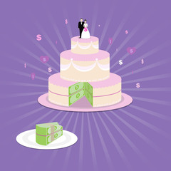 wedding costs- an illostration of wedding cake made out of dollars, with a green slice on the side,  bride and groom on the top